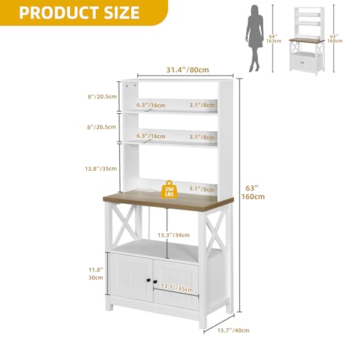 DWVO White Baker Rack with Power Outlet and Storage, Farmhouse Microwave Stand with Door for Kitchen, 5-Tiers Tall Coffee Bar Station Cabinet Thickened Counter with Hutch Shelves