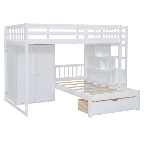 Ball & Cast Full Over Twin Bunk Bed with Safty Guardrail & Storage Stair,Wood Loft Bedframe W/Wardrobe & Drawers,Space-Saving Design,Easy Assembly,Versatile Furniture for Boy Girl Teen Bedroom,White Ball & Cast