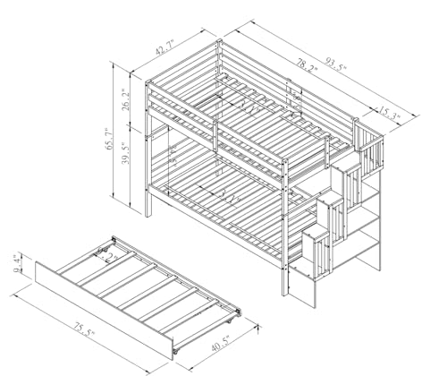 Twin Over Twin Bunk Bed with Trundle,Solid Wood Bunk Beds with Storage Stairs,Bunk Bed Twin Size with Stairs for Kids,Teens,Adults,White Bellemave