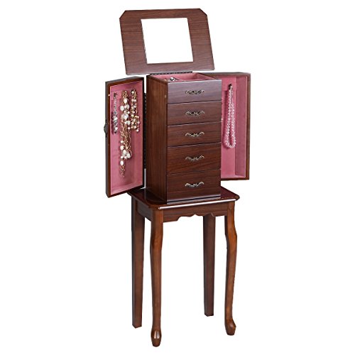 Giantex Standing Jewelry Cabinet Armoire with Top Flip Mirror, Jewelry Storage Organizer with 2 Side Doors for Necklaces, Jewelry Armoire Box Chest for Women Girls, Walnut Giantex