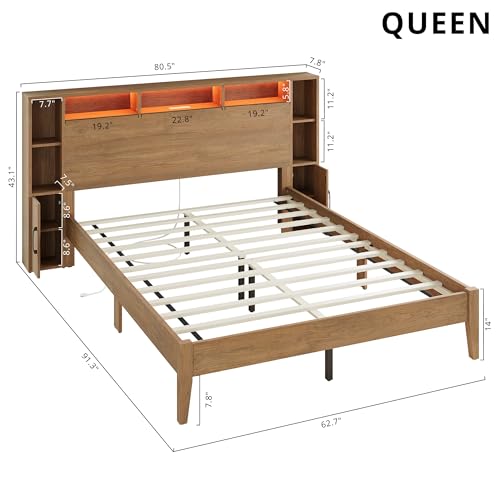 LIKIMIO Queen Bed Frame, Storage Headboard with Charging Station & LED Lights, 7 Open Shelves, 2 Side Cabinets, Storage Platform Bed, Easy Assembly, No Box Spring Needed, Natural Color LIKIMIO