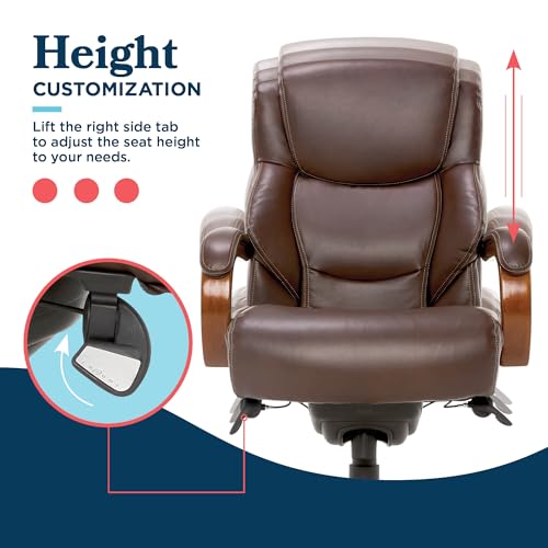La-Z-Boy Delano Big & Tall Executive Office Chair, Ergonomic Mid-Back Body Pillow Lumbar Support, ComfortCore Memory Foam Cushion, Mahogany Wood Arms & Swivel Base, Bonded Leather, Chestnut Brown La-Z-Boy