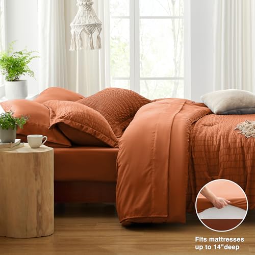 Love's cabin Seersucker Terracotta Twin Comforter Set, 5-Piece All Season Lightweight Bed in a Bag Bedding Set with Comforter, Flat Sheet, Fitted Sheet, Pillowcase and Sham Love's cabin