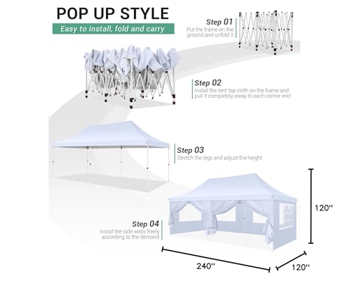COBIZI 10x20 Pop Up Canopy Tent with Sidewalls, Commercial Ez Up Canopy, 3 Adjustable Heights, Waterproof and UV Protection 50+, Outdoor Gazebo Pop up Tent for Parties & Patio with 4 Sandbags COBIZI