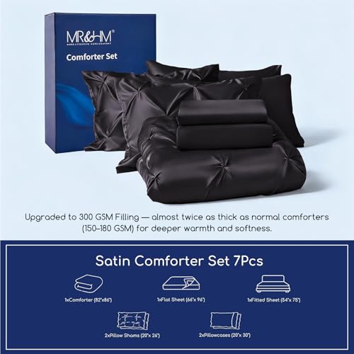 MR&HM Satin Comforter Full 7 Pieces - Luxurious Pinch Pleat Bedding Set with Comforter, Flat Sheet, Fitted Sheet, Pillowcases & Shams, Super Silky Soft Bed Set for All Season (Full, Black) MR&HM