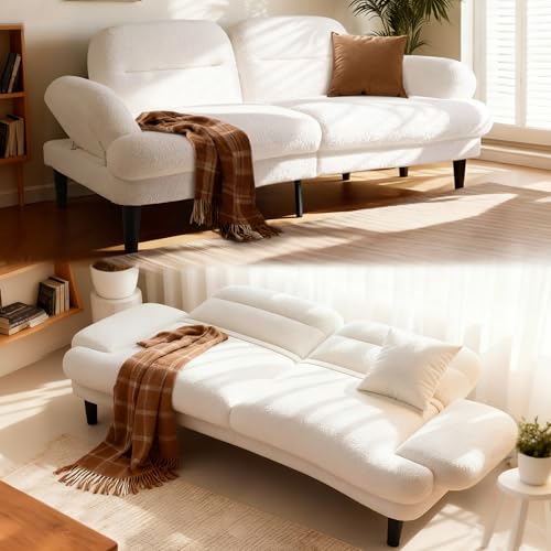 79” Futon Sofa Bed, Sleeper Sofa, Convertible Sofa Bed with Adjustable Backrest and Armrests, Faux Sherpa Cloud Loveseat, Convertible Recliner Sleeper Sofa for Living Room, Bedroom, Apartment, Beige Jocoevol