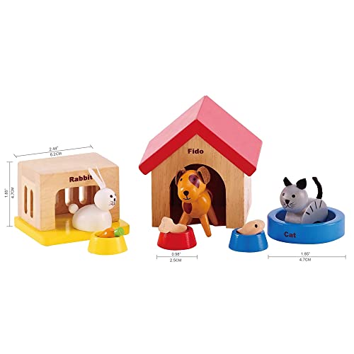 Family Pets Wooden Dollhouse Animal Set by Hape | Complete Your Wooden Dolls House with Happy Dog, Cat, Bunny Pet Set with Complimentary Houses and Food Bowls Hape