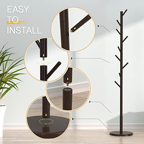 Wooden Freestanding Coat Tree with 4 Height Options and 9 Hooks, Sturdy Coat Rack Stand for Clothes/Bags/Hats,Easy Assemble Save Space for Entryway,Bedroom,Office,Narrow Place-Coffee Bamdibola