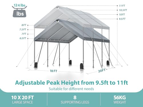 10 * 20 Heavy Duty Carport Canopy - Extra Large Portable Car Tent Garage with Adjustable Peak Height from 9.5ft to 11ft,Removable Roof &Side Walls for Car, SUV,Boats WoodArtSupply