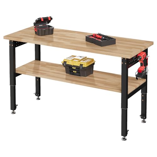 SPECRAFT 48"x20" 2-Tier Adjustable Workbench with 4 AC Outlet and 2 USB Ports Power Outlets, 2500 Lbs Capacity Heavy Duty Workbench, Rubber Wood Top for Garage, Workshop, Office SPECRAFT