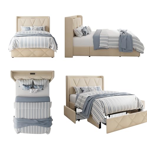 GalnFu Twin Bed Frame with 4 Storage Drawers, Upholstered Platform Bed with Charging Station, Modern Wingback Storage Headboard, Easy Assembly,Noise-Free, Beige GalnFu