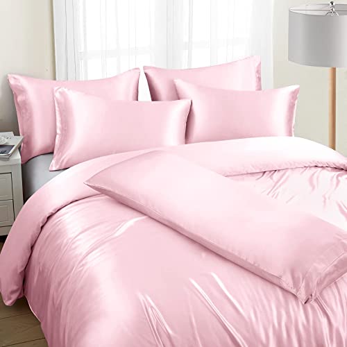 Ersmak 6 Pieces Satin Duvet Cover King Size Luxury Silky Bedding Duvet Cover Set with 1 Soft Duvet Cover, 4 King Pillowcases and 1 Body Pillowcase, Blush Pink Ersmak