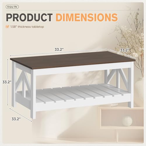YESHOMY Farmhouse Coffee Table, Wood Square Open Storage Compartment for Living Room, Brown and White YESHOMY