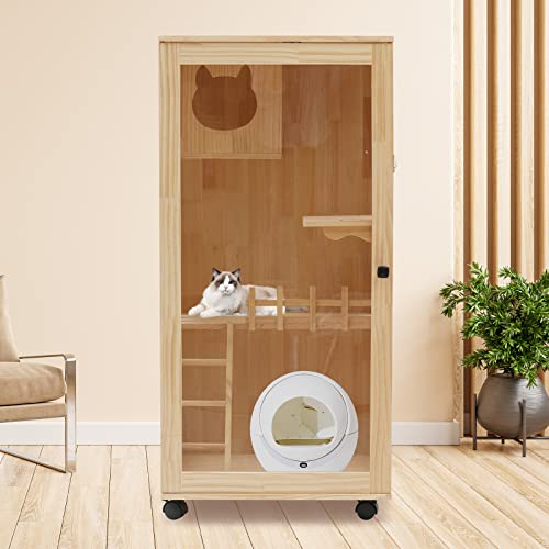 Catio Outdoor Cat Enclosure - 47.24" Large Wooden Cat House with Wheels, Multi-Level New Zealand Pine Wood (0.6" Thick) w/Clear Door for Indoor Use Nwkxnrt