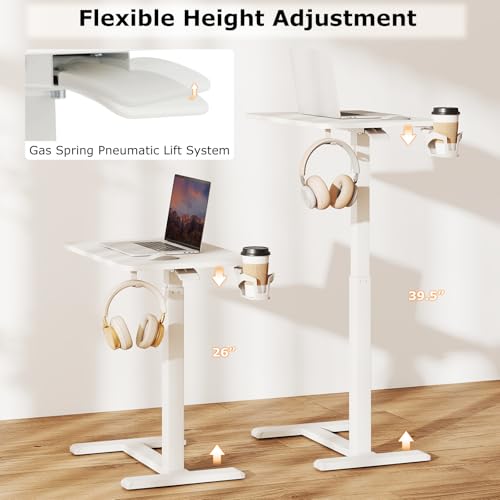 Tangkula Mobile Standing Desk, Pneumatic Height Adjustable Rolling Desk with Cup Holder & Headphone Hook, Overbed Table with Hidden Wheels, Laptop Computer Cart for Couch, Home, Office (White) Tangkula