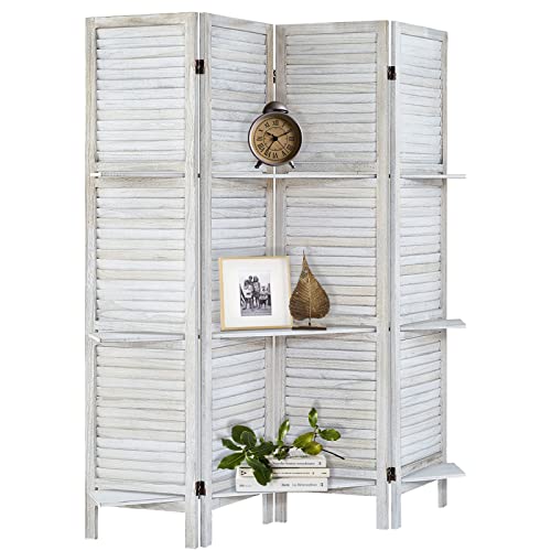 AMBITION LAND Room Divider with Shelves, Privacy Screen, Room Dividers and Folding Privacy Screens, 4 Panel Wood Temporary Wall Partition Separation Separator, Coconut AMBITION LAND