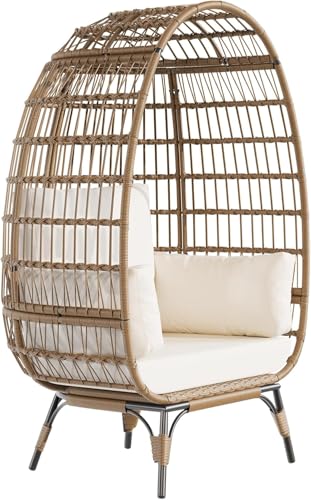 DEXSO Oversized Wicker Egg Chair - 350LBs Capacity, Steel Frame & Ultra Luxury Cushions, Indoor/Outdoor Use for Balcony, Patio, Living Room (White) DEXSO