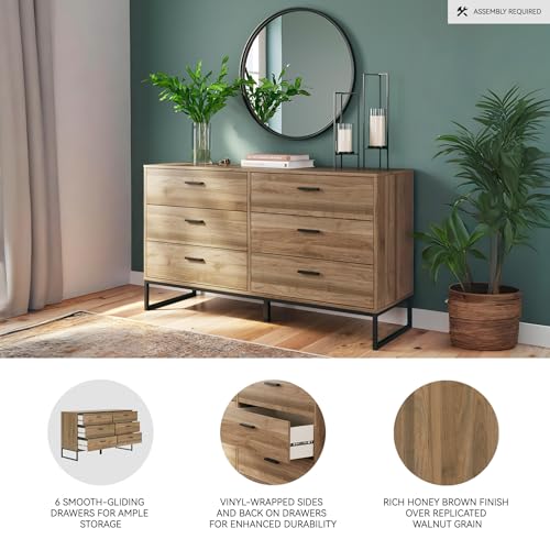 Signature Design by Ashley Deanlow Mid-Century Modern 6 Drawer Dresser with Safety Stop for Bedroom, Light Brown & Black Signature Design by Ashley