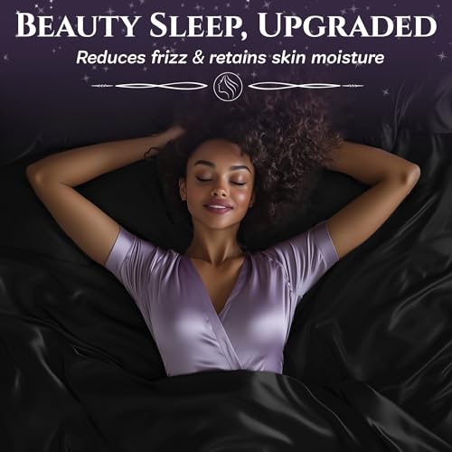 SLEEP SANCTUARY Satin Sheets Queen Size – 4 Piece Luxury Silky Bed Set, Softer Than Silk, 15" Deep Pocket, Cooling & Wrinkle-Free, Moisture-Wicking & Breathable for Hair & Skin (Black) SLEEP SANCTUARY