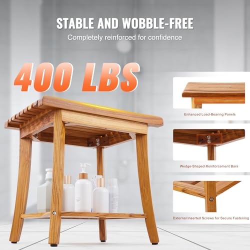 VEVOR Teak Shower Bench, 20in Waterproof Wood Shower Stool with Storage Shelf Non-Slip Foot Pads, 400 lbs Load Capacity Shower Chair Seat, for Bathroom Indoor and Outdoor Use VEVOR