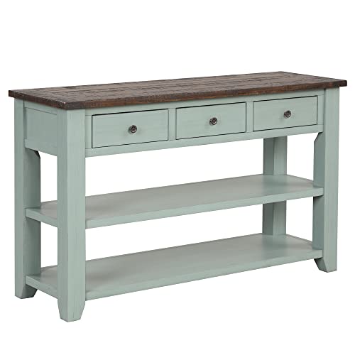 Knocbel Wood Console Table with 3 Drawers and 2 Shelves, Vintage Sofa Tables with Solid Pine Frame and 4 Legs for Entryway Hallway Living Room, 48.82" W x 15.75" D x 30" H, Retro Blue&Brown Top Knocbel