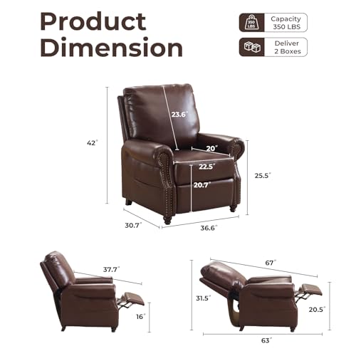 Push Back Recliner Chair with Massage and Heat, Breathable Leather Recliner Chair with Overstuffed Backrest, Pushback Chair with Rivet Decoration, Single Sofa Accent Chair for Living Room, Brown