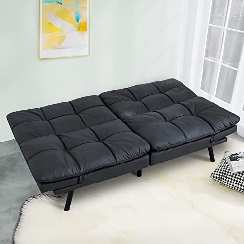 Hcore Convertible Futon Sofa Bed,Black Leather Memory Foam Loveseat Futons Sofa Couch,Small Euro Lounger Sofa for Compact Living Spaces,Apartment,Dorm,Studio,Guest Room,Home Office/Dark Black Leather Hcore