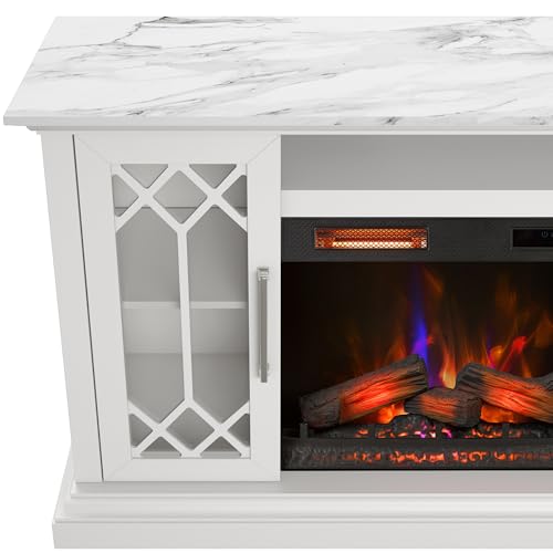 duraflame® Electric Fireplace Farmhouse Media Console for 65 Inch TVs with Glass Doors, Bright White Duraflame