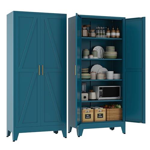 YAUWOH 71''Metal Cabinet with 4 Adjustable Shelves,5-Tier Pantry Storage Cabinet,Kitchen Pantry Cabinet for Living Room,Dining Room, Blue YAUWOH