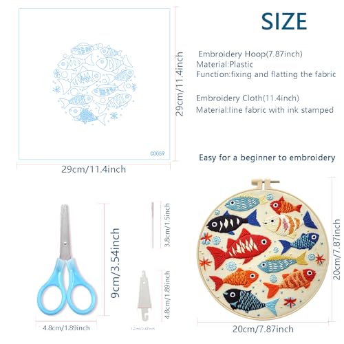 Zhenqing Colorful Fish Embroidery Kit for Beginners - Complete Set with Pre-Printed 29x29cm Cotton Fabric, Hoop, Threads & Tools (C0059)