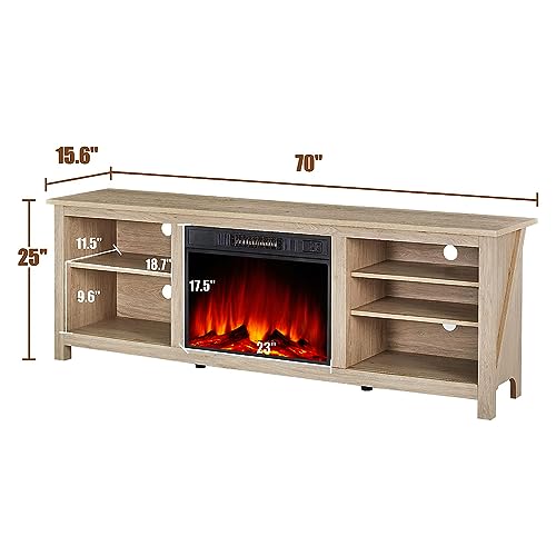 Amerlife Fireplace TV Stand, Wood Texture Entertainment Center with 23" Electric Fireplace, Farmhouse Entertainment Stand Media TV Console for TVs Up to 80", 70 inches, Natural Oak AMERLIFE