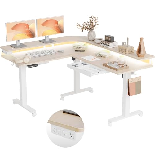 Claiks 63" L Shaped Standing Desk with Drawers and LED Lights, Height Adjustable Electric Corner Standing Desk with Monitor Stand & Power Outlet, 4 Memory Preset, Nature Claiks