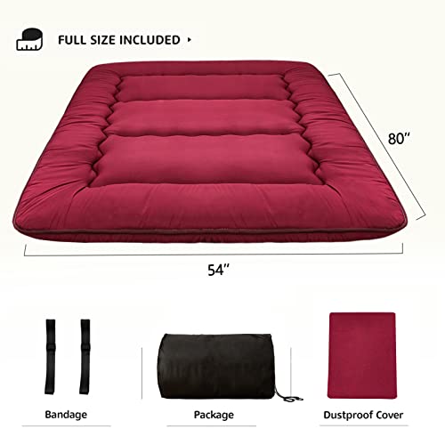 MAXYOYO Japanese Floor Mattress Futon Mattress, Thicken Sleeping Pad Foldable Roll Up Floor Futon for Adults Tatami Mat Dormitory Bed Lounger, Burgundy, Full Size MAXYOYO