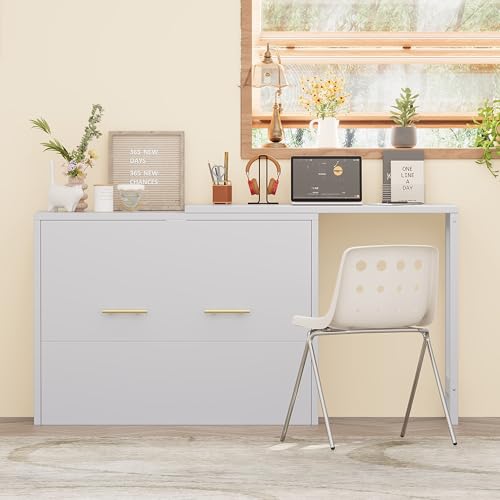 JIVOIT Twin Size Murphy Chest Dresser Bed with Desk, Foldable Cushion, Murphy Cabinet Bed with Adjustable Position Desk for Guest Room, Small Space, No Box Spring Needed (Gray//17) JIVOIT