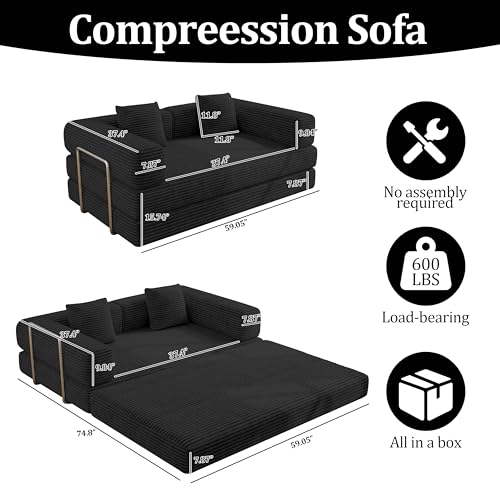 BSHOMGI 4 in 1 Futon Sofa Bed Queen Size - Foldable Convertible Sleeper Couch,Teddy Foam-Filled Compressed Couch Removable Corduroy Cover, Space Saving Sofas for Bedroom & Dorm (Black, 59â 2 Seat) BSHOMGI