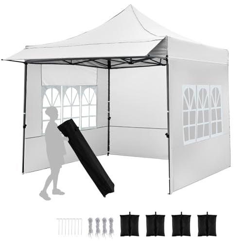 Tangkula 10x10 FT Pop Up Canopy, Outdoor Tent with 3 Sidewalls & Awning, Wheeled Bag, 4 Sandbags, 8 Stake, 4 Ropes, Portable Canopy Tent for Party Picnic Event Beach Camping (White) Tangkula