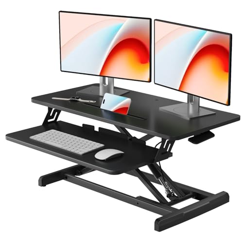 JOY worker Standing Desk Converter, 32" Wide Height Adjustable Sit Stand Up Desk Riser with Keyboard Tray, Desktop Workstation Riser for Home Office Computer Laptop, Particle Board, Black JOY worker