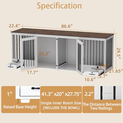 DAWNSPACES Furniture Style Large Dog Crate for 2 Dogs, 86.6" Heavy Duty Wooden Dog Kennel with Dog Bowl Drawers & Divider, Indoor Furniture Style Dog Kennel for Large Medium Dogs, White DAWNSPACES