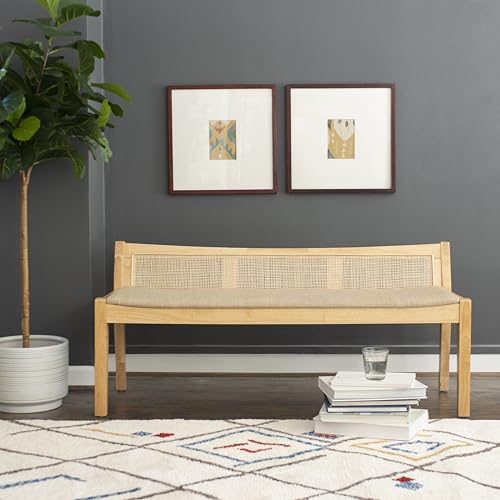 Powell Kasi Natural Low Back Cane Bench with Beige Upholstered Seat Powell