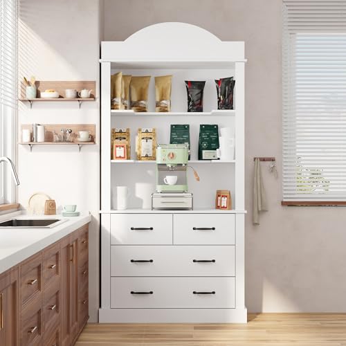 ECACAD 79.5" H Kitchen Pantry Storage Cabinet with Shelves and Drawers, Modern Kitchen Cupboard with Countertop for Living Room and Dining Room, White ECACAD