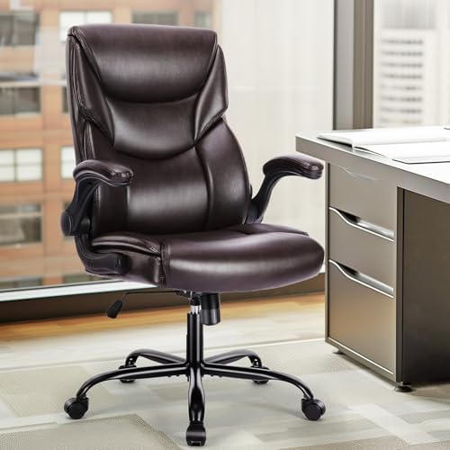 DUMOS Office Chair - Ergonomic Executive Computer Desk Chairs with Adjustable Flip-up Armrest, Swivel Task Chair with Lumbar Support, PU Leather, Brown DUMOS