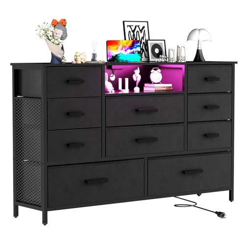 Harpaq Dresser with Charging Station, Black Dresser for Bedroom with 10 Drawers, TV Stand Dresser with LED Light for 55" TV, Fabric Drawer Dresser with PU Finish, Chest Dresser for Bedroom, Closet Harpaq