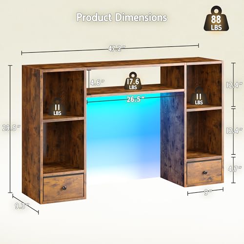 REIBII Desktop Bookshelf with LED Lights,47.2" Desktop Organizer with 6 Shelves and 2 Drawers for Top of Desk,Multipurpose Desk Hutch Dorm with Adjustable Shelves for Home and Office,Rustic Brown REIBII