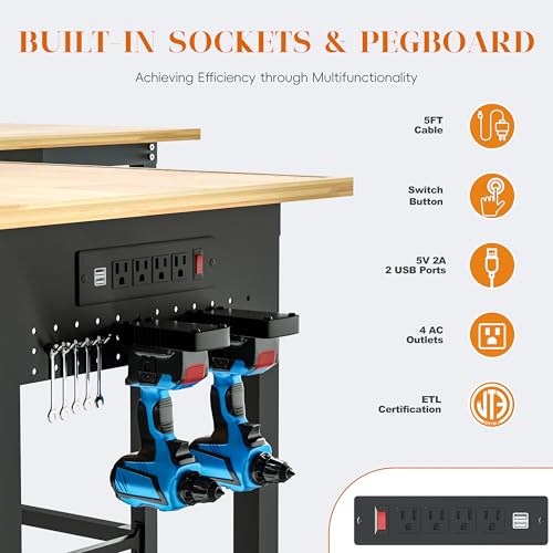 Betterhood 48"/60" Heavy-Duty Adjustable Workbench for Garage, Rubber Wood Shop Table,Hardwood Workstation Weight Capacity Over 1500 Lbs (Rubber Pad/Power Outlets/Ruler/63 x21.7 x35.8) Betterhood