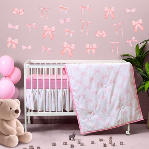 SmoothNovelty 5 Pcs Pink Bow Crib Bedding Set Include Print Crib Sheets Bed Skirt Comforter Pad Cover Wall Stickers for Girls Princess Nursery Room Decoration SmoothNovelty