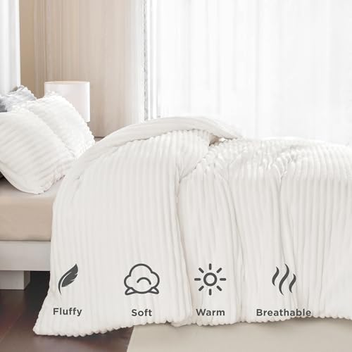 Andency Fluffy Queen Comforter Set, Super Soft White Comforters Queen Size, Winter Warm Fleece Faux Fur Bedding Set, Luxury Plush Fuzzy Bed Set 3 Pieces (1 Shaggy Comforter, 2 Pillowcases) Andency