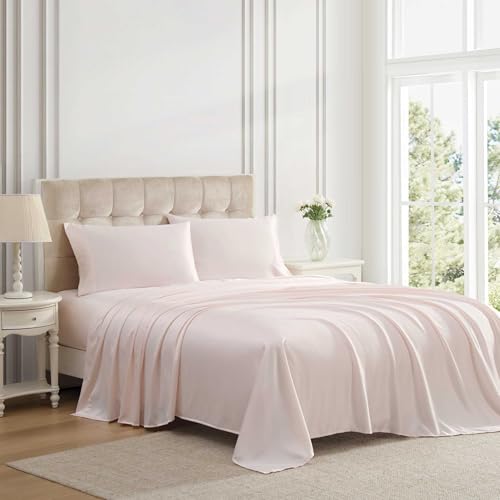 Laura Ashley - Full Sheet Set, 100% Soft & Silky Smooth Satin Bed Sheets, Deep Pockets, Bedding with Matching Fitted Sheet & Pillowcases (Bliss Pink) Laura Ashley