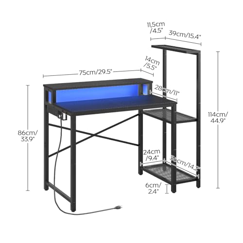 YATINEY Computer Desk with LED Light and Power Outlet, Small Gaming Desk with Monitor Stand, Reversible Game Table with 2 Side Hooks, Home Office Desk for Living Room, Bedroom, Black DN06UDBB YATINEY