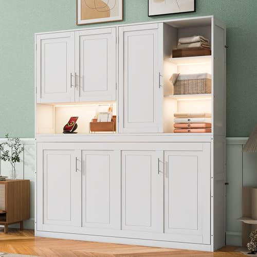 SOFTSEA Twin Murphy Bed with Storage Bookcase and Shelves, Space-Saving Horizontal Wall Bed with LED Light & Charging Stations for Small Spaces, Living Room, Guest Room, Bedroom, Office, White SOFTSEA