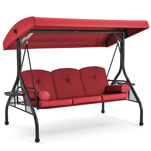 HOMREST 3 Seat Outdoor Porch Swing with Adjustable Canopy, Convertible Patio Swing Bed with Stand, Patio Glider Swing with Upgraded Cup Holder, Thicken Cushions & Pillow for Backyard (Wine Red) HOMREST